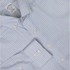 Brooks Brothers Shirt Mens 17-37 Blue Green Stripe Regent Non Iron Supima Cotton